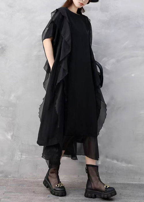 Black Pockets Solid Chiffon Summer Dresses O Neck