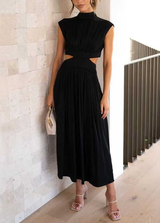 Black Pockets Solid Cotton Summer Long Dresses Hollow Out