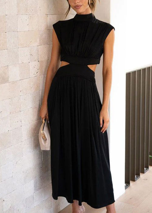 Black Pockets Solid Cotton Summer Long Dresses Hollow Out