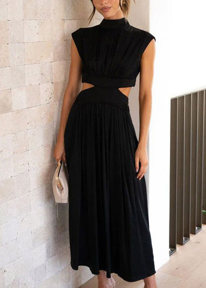 Black Pockets Solid Cotton Summer Long Dresses Hollow Out