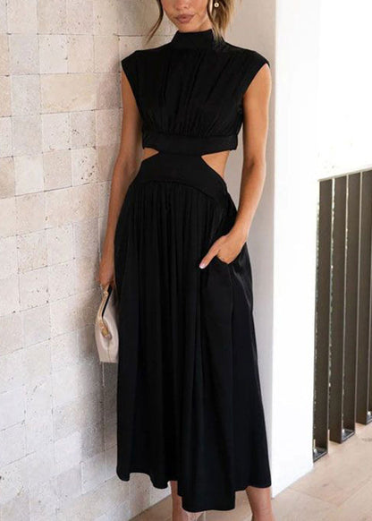 Black Pockets Solid Cotton Summer Long Dresses Hollow Out