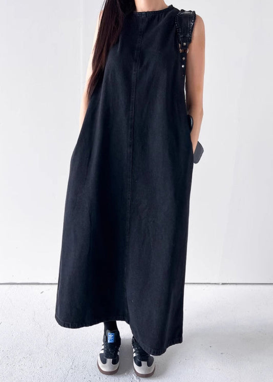 Black Pockets Solid Long Dress O Neck Denim Summer