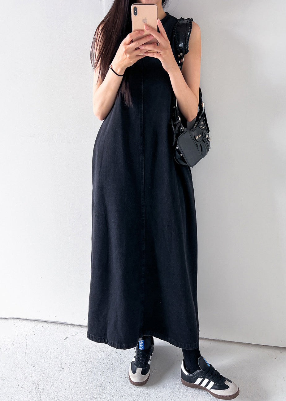 Black Pockets Solid Long Dress O Neck Denim Summer