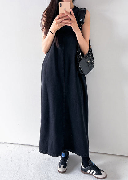 Black Pockets Solid Long Dress O Neck Denim Summer