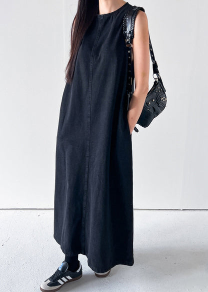 Black Pockets Solid Long Dress O Neck Denim Summer