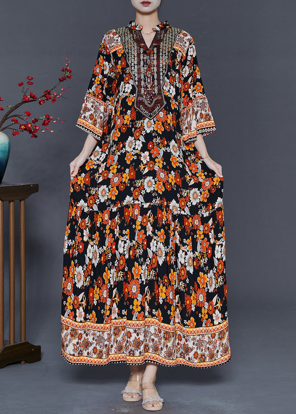 Black Print Cotton Long Dresses Oversized Bracelet Sleeve