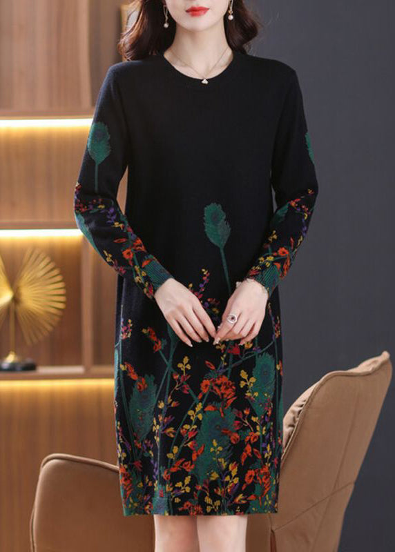 Black Print Cozy Knit Mid Dress O Neck Long Sleeve