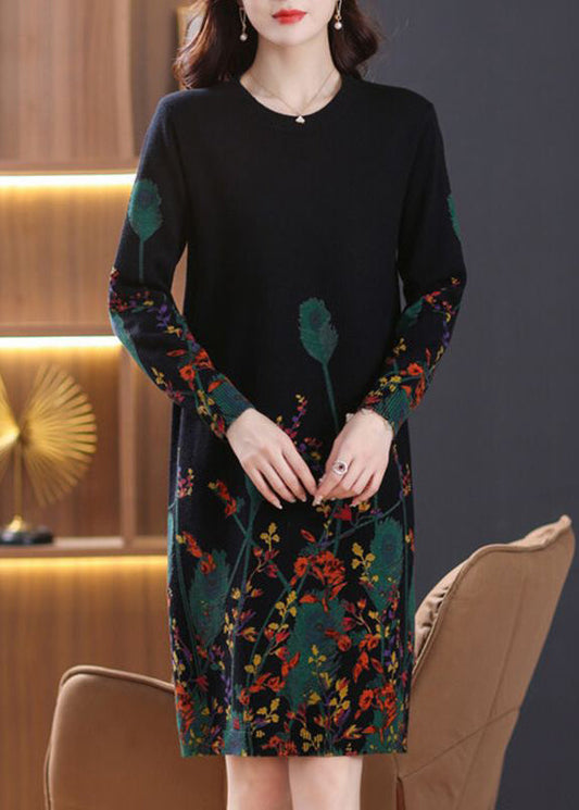 Black Print Cozy Knit Mid Dress O Neck Long Sleeve