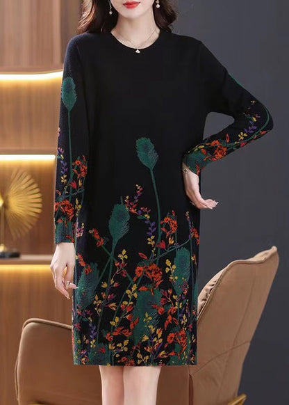 Black Print Cozy Knit Mid Dress O Neck Long Sleeve