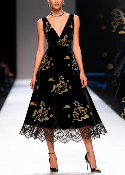 Black Print High Waist Silk Velvet Long Dresses V Neck Summer