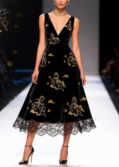 Black Print High Waist Silk Velvet Long Dresses V Neck Summer