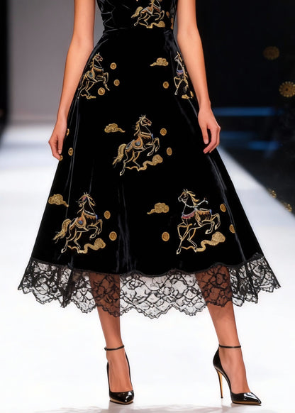 Black Print High Waist Silk Velvet Long Dresses V Neck Summer