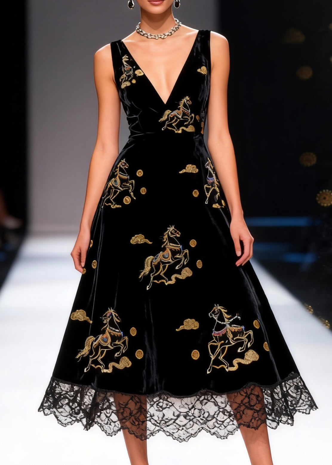 Black Print High Waist Silk Velvet Long Dresses V Neck Summer