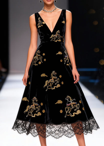 Black Print High Waist Silk Velvet Long Dresses V Neck Summer