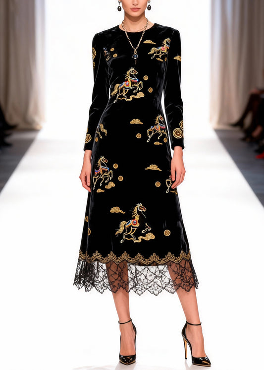 Black Print Horse Silk Velvet Long Dress O-Neck Spring