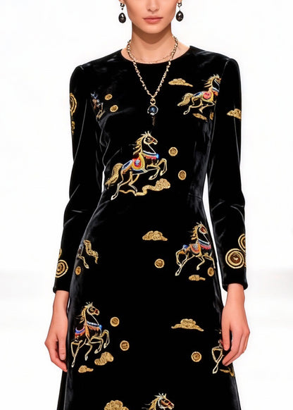 Black Print Horse Silk Velvet Long Dress O-Neck Spring
