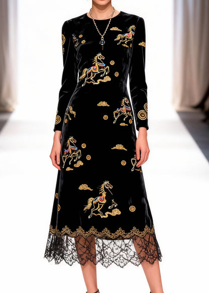 Black Print Horse Silk Velvet Long Dress O-Neck Spring