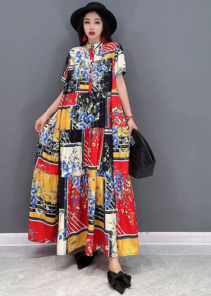 Black Print Long Pleated Dress Stand Collar Exra Large Hem Short Sleeve