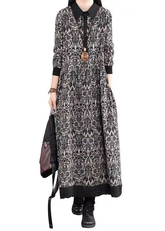 Black Print Patchwork Cotton Long Dress Peter Pan Collar Fall