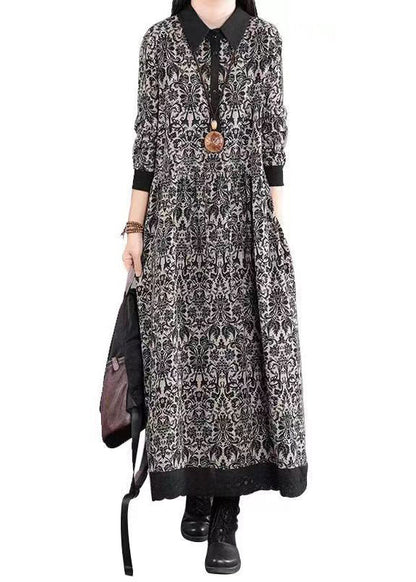 Black Print Patchwork Cotton Long Dress Peter Pan Collar Fall