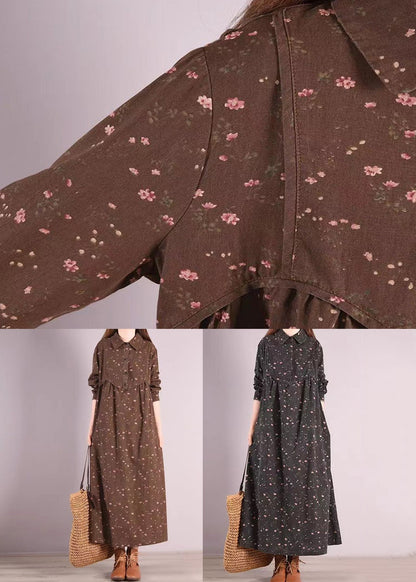 Black Print Patchwork Cotton Long Dresses Peter Pan Collar Fall