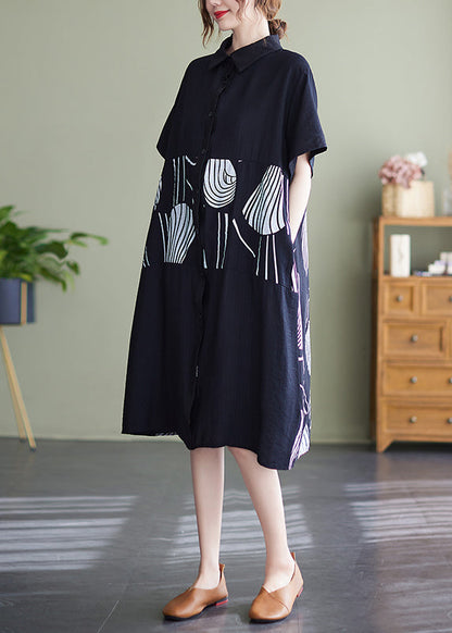 Black Print Patchwork Loose Shirt Dresses Short Sleeve