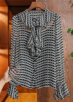 Black Print Silk Two Pieces Set Ruffled Flare Sleeve