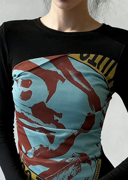 Black Print Wrinkled Patchwork False Two Pieces Cotton T Shirt Flare Sleeve