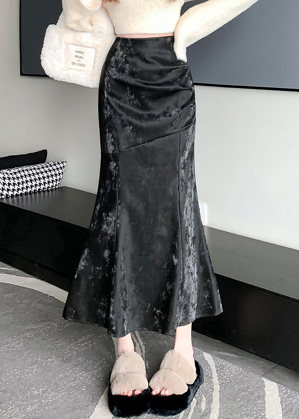 Black Print Wrinkled Silk Velvet Mermaid Skirt Zip Up