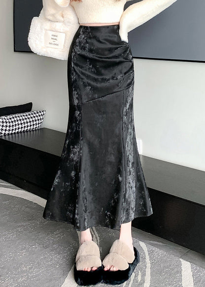 Black Print Wrinkled Silk Velvet Mermaid Skirt Zip Up