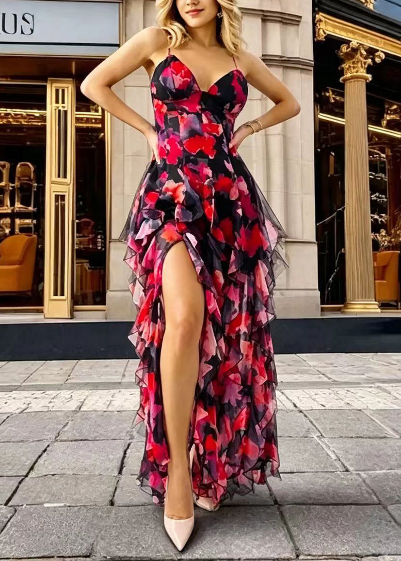 Black Red Print V Neck Ruffled Side Open Print Chiffon  Dress Sleeveless