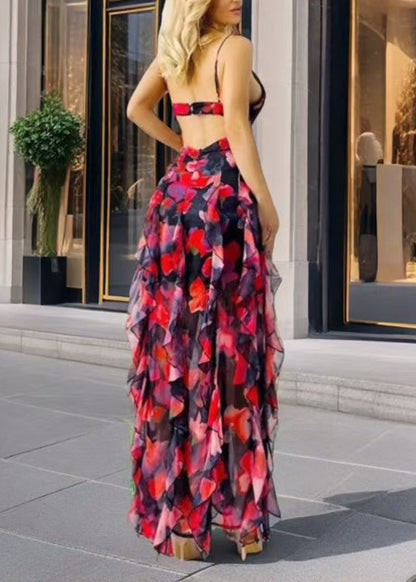 Black Red Print V Neck Ruffled Side Open Print Chiffon  Dress Sleeveless