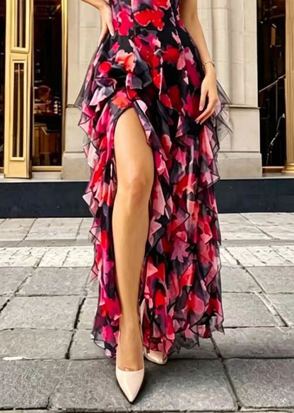 Black Red Print V Neck Ruffled Side Open Print Chiffon  Dress Sleeveless