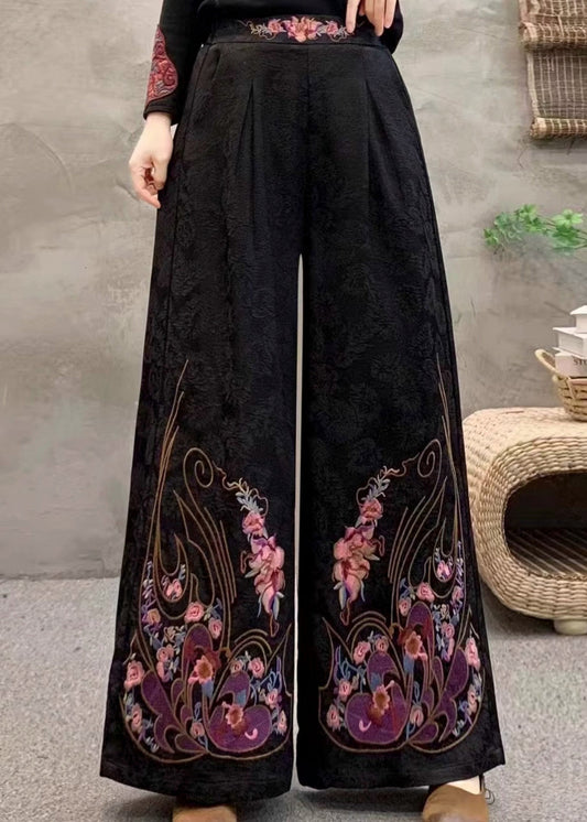 Black Retro Pockets Warm Fleece Pants Embroidered Winter