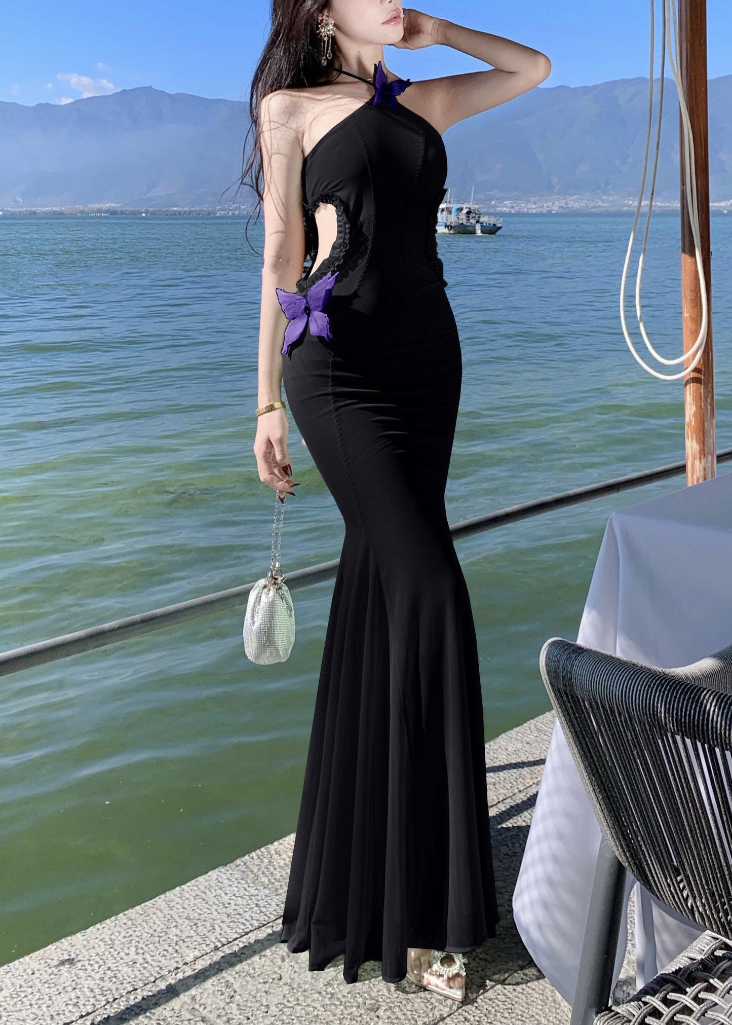 Black Ruffled Butterfly Tulle Long Dresses Hollow Out Sleeveless