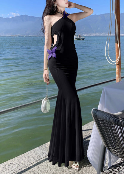 Black Ruffled Butterfly Tulle Long Dresses Hollow Out Sleeveless