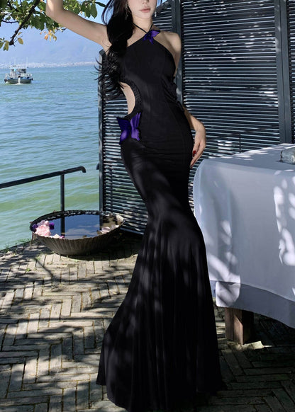 Black Ruffled Butterfly Tulle Long Dresses Hollow Out Sleeveless