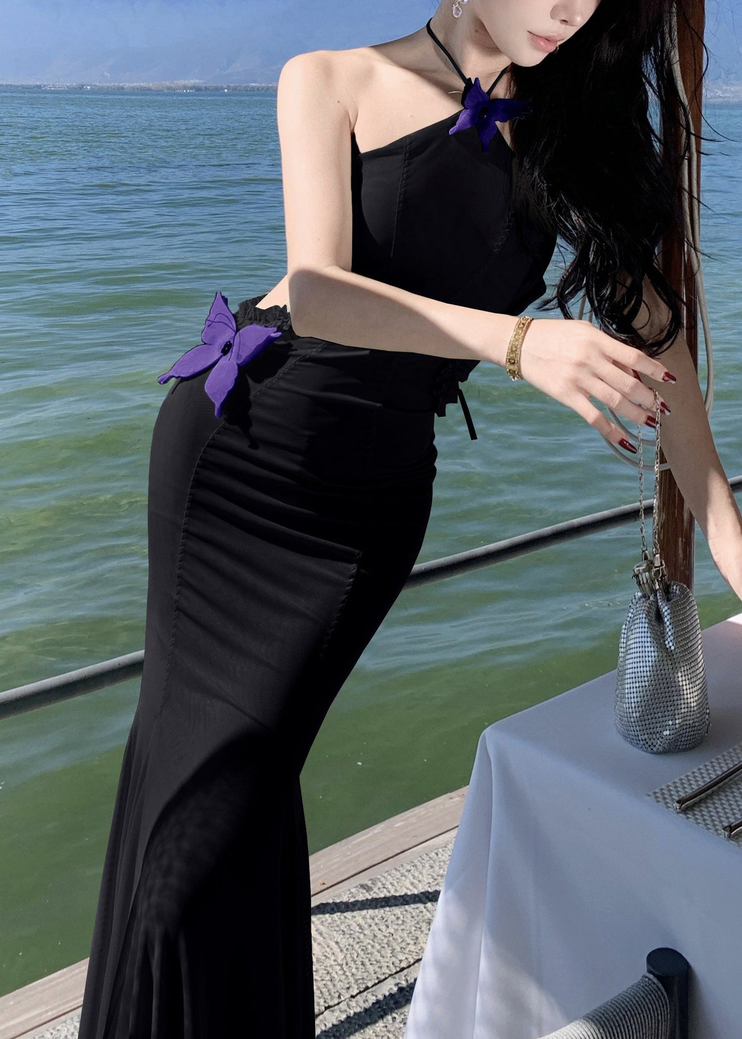 Black Ruffled Butterfly Tulle Long Dresses Hollow Out Sleeveless