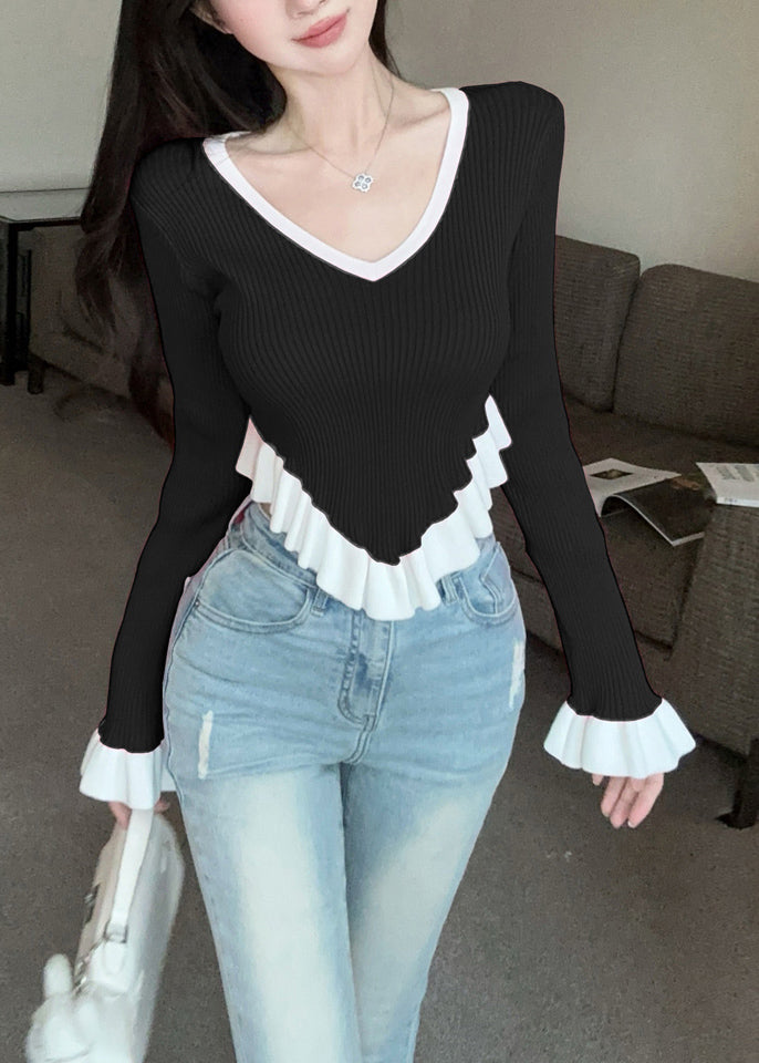 Black Ruffled Patchwork Knit Sweaters V Neck Flare Sleeve