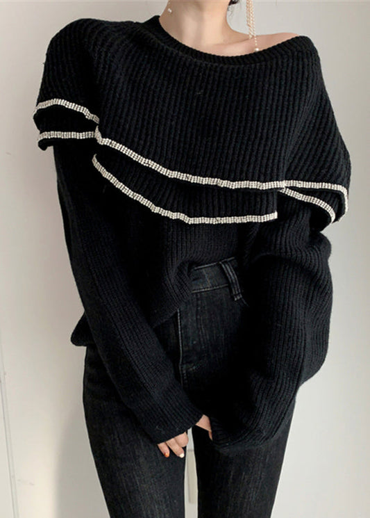 Black Ruffled Patchwork Knit Winter Sweaters O Neck