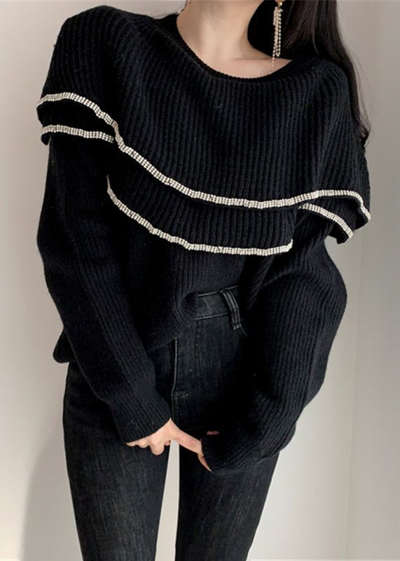 Black Ruffled Patchwork Knit Winter Sweaters O Neck