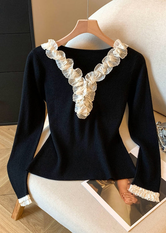 Black Ruffled Patchwork Knitting Cotton Fall T Shirts V Neck