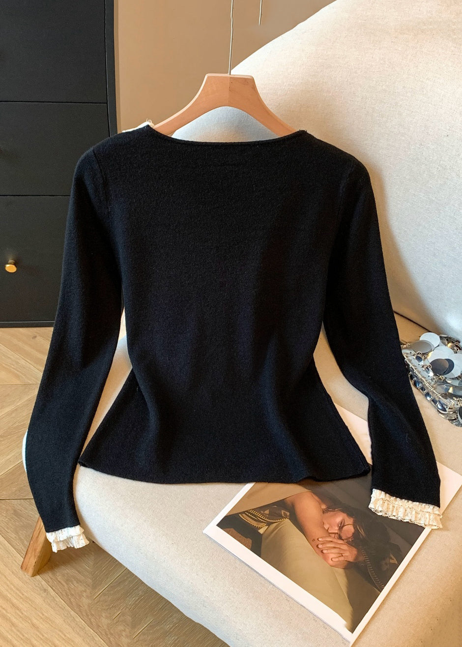 Black Ruffled Patchwork Knitting Cotton Fall T Shirts V Neck