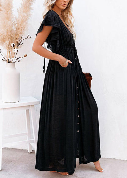 Black Ruffled Patchwork Solid Long Dress Summer