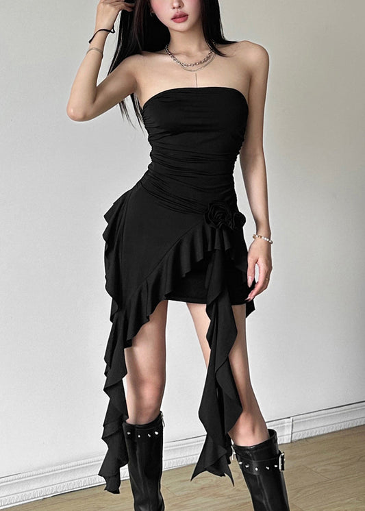 Black Ruffled Solid Cotton Top Asymmetrical Summer dress