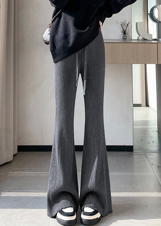 Black Ruffled Striped Knit Flare Bottoms Elastic Waist