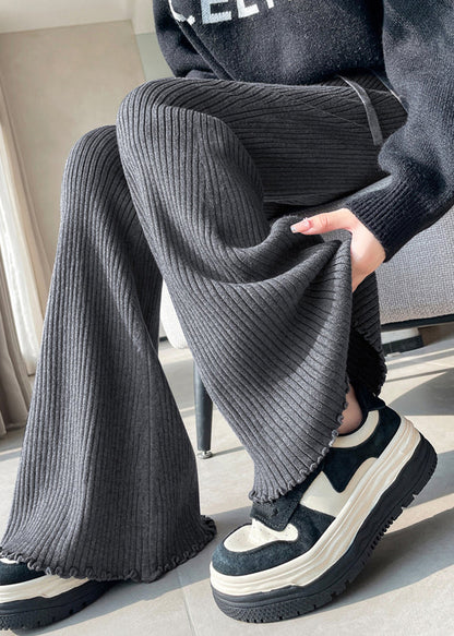 Black Ruffled Striped Knit Flare Bottoms Elastic Waist