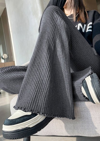 Black Ruffled Striped Knit Flare Bottoms Elastic Waist