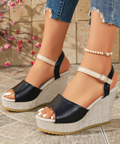 Black Sandals Wedge Faux Leather Stylish Splicing Buckle Strap