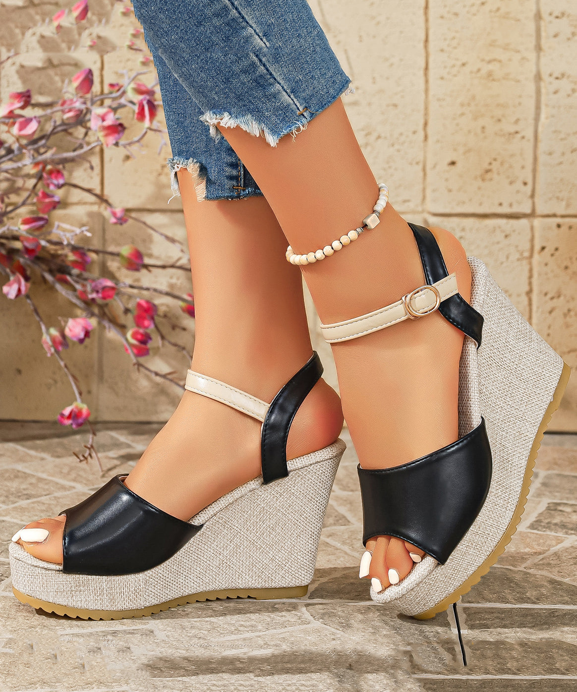 Black Sandals Wedge Faux Leather Stylish Splicing Buckle Strap